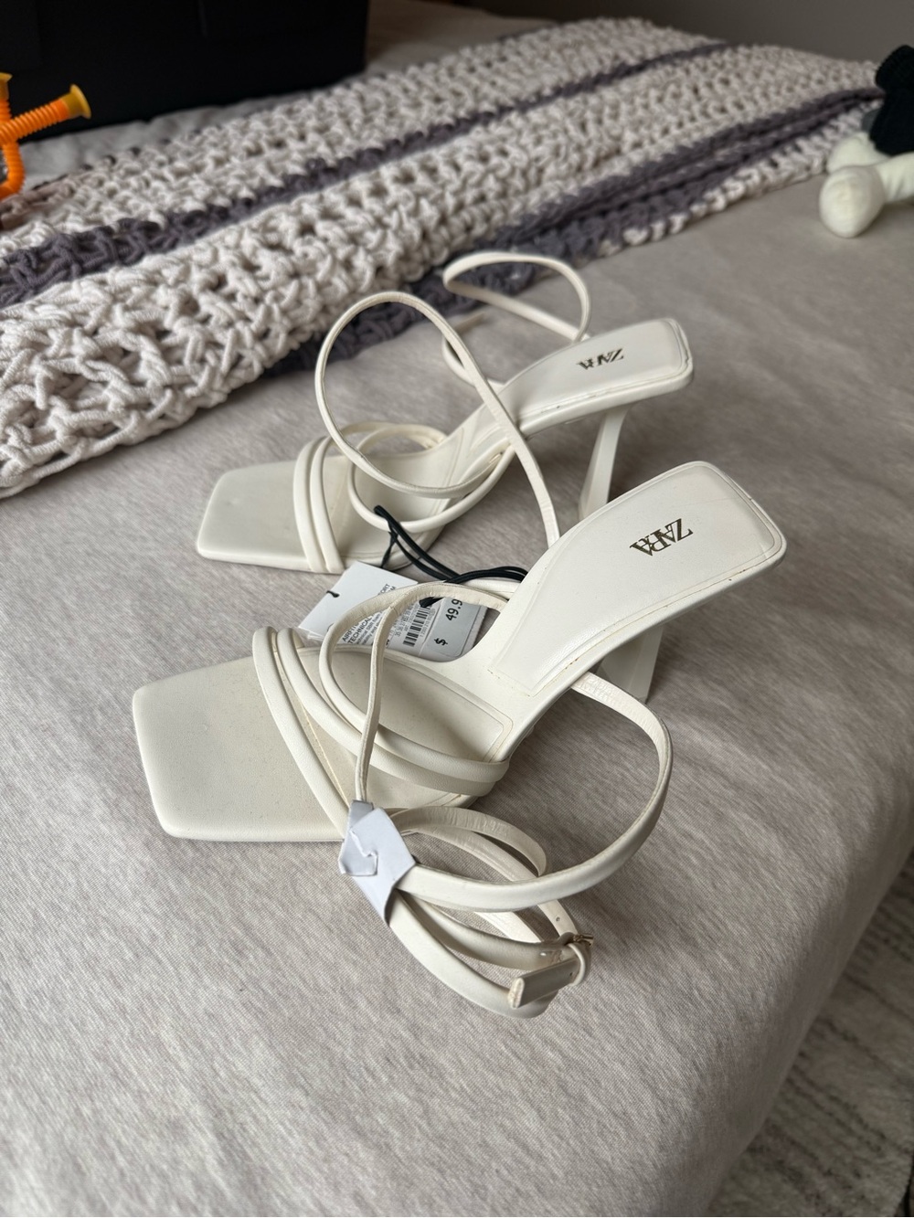 Zara Cream Square-Toe Strappy Heeled Sandals